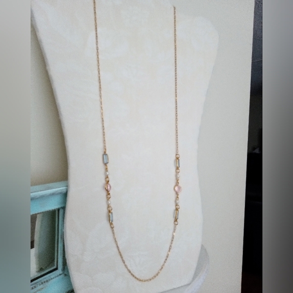 Vintage Necklace Crystal/Glass And Faux Pearl Pink And Blue 30" Station Chain - Picture 4 of 4